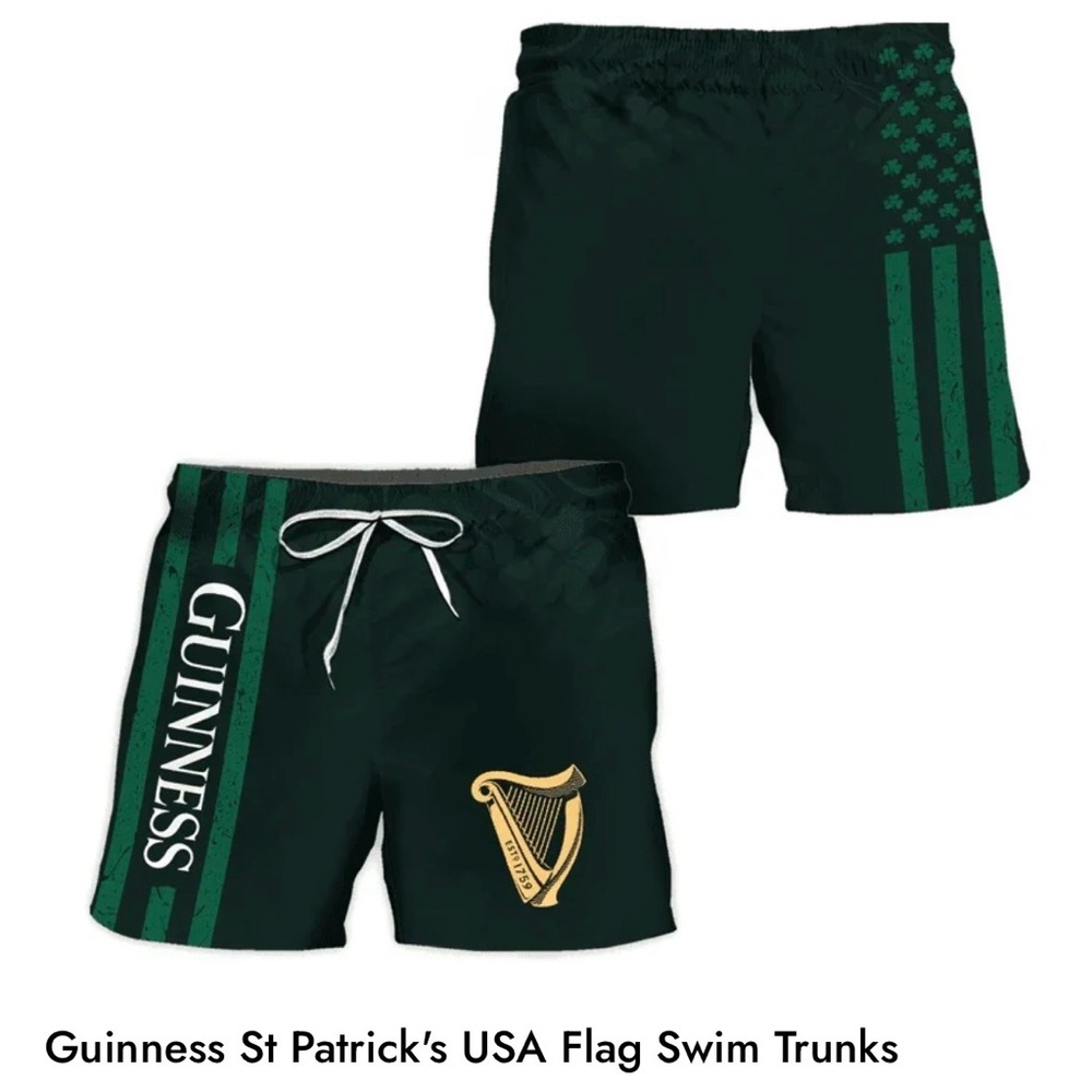 NWT Guinness Black Swim Shorts with Gold Harp and Green Stripes